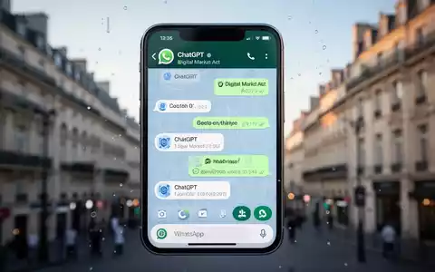 Ein Smartphone-Bildschirm zeigt einen WhatsApp-Chat mit ChatGPT. Im Hintergrund deutet eine verschwommene europäische Stadtlandschaft auf digitale Märkte und Regulierung hin. - Foto: über boerse-global.de