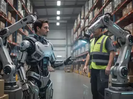 Logistikmitarbeiter trägt ein Exoskelett und arbeitet mit einem Roboterarm in einem modernen Lagerhaus. - Foto: über boerse-global.de