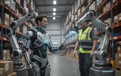 Logistikmitarbeiter trägt ein Exoskelett und arbeitet mit einem Roboterarm in einem modernen Lagerhaus. - Foto: über boerse-global.de