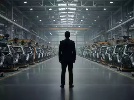Eine einsame, silhouettierte Figur in einem Anzug steht in einer leeren Autofabrik, die Maschinen sind still. - Foto: über boerse-global.de