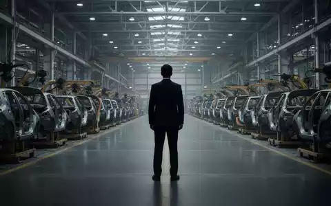 Eine einsame, silhouettierte Figur in einem Anzug steht in einer leeren Autofabrik, die Maschinen sind still. - Foto: über boerse-global.de