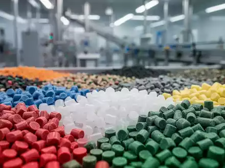 Nahaufnahme von sortierten, verschiedenfarbigen Recycling-Kunststoffpellets mit unscharfem Hintergrund einer Industrieanlage. - Foto: über boerse-global.de