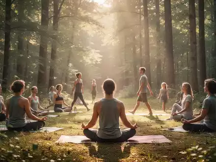 Eine vielfältige Gruppe von Menschen praktiziert Meditation und Achtsamkeit in einem sonnigen Waldlichtung in Deutschland. - Foto: über boerse-global.de