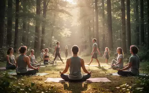 Eine vielfältige Gruppe von Menschen praktiziert Meditation und Achtsamkeit in einem sonnigen Waldlichtung in Deutschland. - Foto: über boerse-global.de