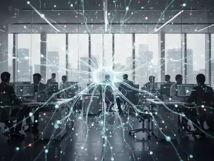 Ein abstraktes, leuchtendes neuronales Netzwerk überlagert eine moderne Büroumgebung mit arbeitenden Fachkräften, symbolisierend KI-Integration. - Foto: über boerse-global.de