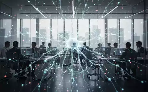 Ein abstraktes, leuchtendes neuronales Netzwerk überlagert eine moderne Büroumgebung mit arbeitenden Fachkräften, symbolisierend KI-Integration. - Foto: über boerse-global.de