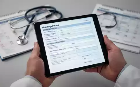 Nahaufnahme einer Hand, die ein digitales Tablet mit einem medizinischen Formular hält, im Hintergrund ein Stethoskop und ein Kalender. - Foto: über boerse-global.de