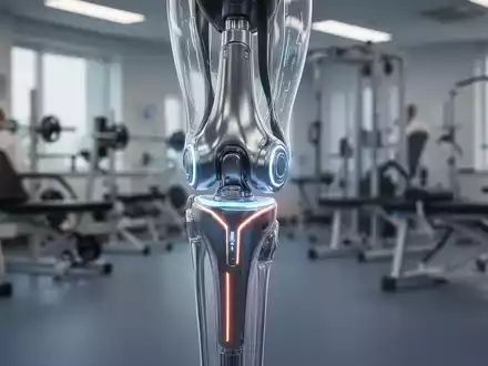 Ein modernes, hochtechnologisches Prothesenkniegelenk mit schlankem Design und metallischer Oberfläche vor verschwommenem Hintergrund. - Foto: über boerse-global.de