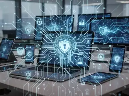 Abstrakte Darstellung einer sicheren KI-Governance mit leuchtenden neuronalen Netzwerken und Datenflüssen über digitale Endgeräte in einem Büroumfeld. - Foto: über boerse-global.de