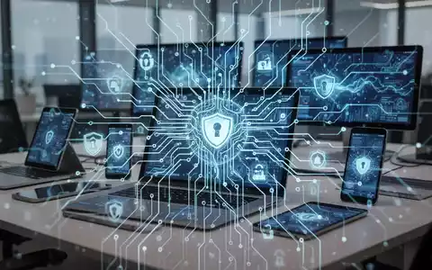 Abstrakte Darstellung einer sicheren KI-Governance mit leuchtenden neuronalen Netzwerken und Datenflüssen über digitale Endgeräte in einem Büroumfeld. - Foto: über boerse-global.de