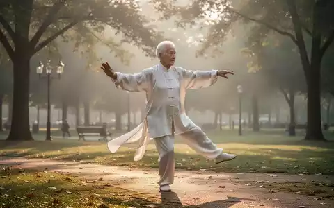 Eine ältere Person übt Tai Chi in einem ruhigen Park bei Sonnenaufgang, wobei der Schwerpunkt auf Balance und sanften Bewegungen liegt. - Foto: über boerse-global.de