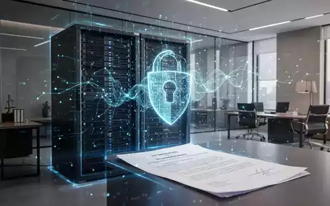 Ein modernes Büro mit einem schimmernden, abstrakten Datennetz über einem Server-Rack und einem juristischen Dokument, das Datensicherheit symbolisiert. - Foto: über boerse-global.de