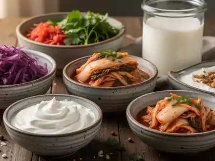 Nahaufnahme einer Auswahl fermentierter Lebensmittel wie Sauerkraut, Joghurt und Kefir in rustikalen Schalen auf einem Holztisch. - Foto: über boerse-global.de
