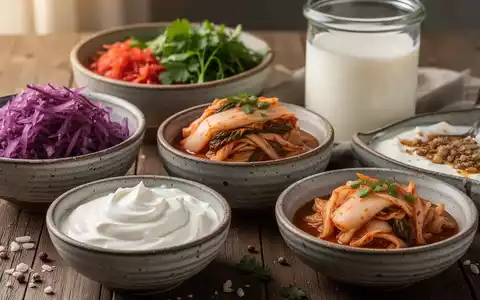 Nahaufnahme einer Auswahl fermentierter Lebensmittel wie Sauerkraut, Joghurt und Kefir in rustikalen Schalen auf einem Holztisch. - Foto: über boerse-global.de
