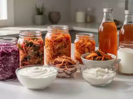 Eine Nahaufnahme verschiedener fermentierter Lebensmittel wie Joghurt, Kefir, Sauerkraut und Kimchi auf einer Küchenarbeitsplatte. - Foto: über boerse-global.de