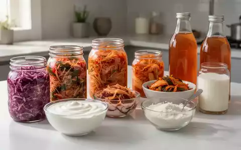 Eine Nahaufnahme verschiedener fermentierter Lebensmittel wie Joghurt, Kefir, Sauerkraut und Kimchi auf einer Küchenarbeitsplatte. - Foto: über boerse-global.de