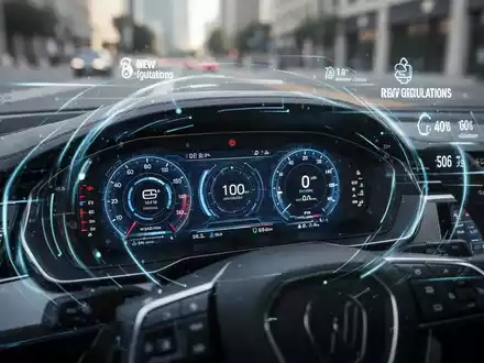 Ein modernes Auto-Armaturenbrett mit digitalen Anzeigen und subtilen Grafikelementen, die neue Vorschriften und Kosten symbolisieren. - Foto: über boerse-global.de