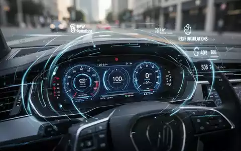 Ein modernes Auto-Armaturenbrett mit digitalen Anzeigen und subtilen Grafikelementen, die neue Vorschriften und Kosten symbolisieren. - Foto: über boerse-global.de