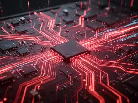 Leuchtend rote Leiterplatte mit komplexen Bahnen und Mikrochips, Symbol für fortschrittliche GPU-Technologie und Datenverarbeitung. - Foto: über boerse-global.de
