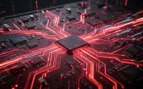 Leuchtend rote Leiterplatte mit komplexen Bahnen und Mikrochips, Symbol für fortschrittliche GPU-Technologie und Datenverarbeitung. - Foto: über boerse-global.de