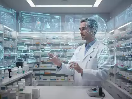 Ein Apotheker in einer modernen, hochtechnologischen Apotheke interagiert mit digitalen Bildschirmen und einer holografischen Anzeige von Patientendaten und Medikationsabläufen. - Foto: über boerse-global.de