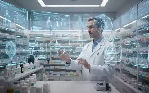 Ein Apotheker in einer modernen, hochtechnologischen Apotheke interagiert mit digitalen Bildschirmen und einer holografischen Anzeige von Patientendaten und Medikationsabläufen. - Foto: über boerse-global.de