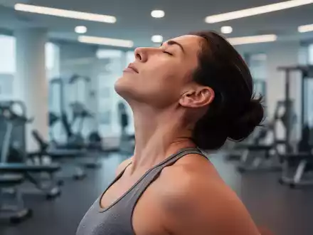 Eine Person dehnt vorsichtig den Nacken, den Kopf leicht geneigt, mit einem unscharfen, modernen Fitnessstudio im Hintergrund. - Foto: über boerse-global.de
