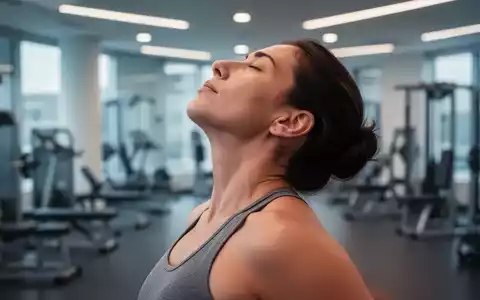Eine Person dehnt vorsichtig den Nacken, den Kopf leicht geneigt, mit einem unscharfen, modernen Fitnessstudio im Hintergrund. - Foto: über boerse-global.de