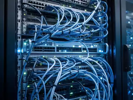 Ein stilisiertes Rechenzentrum mit leuchtend blauen Lichtern, das die Komplexität der HRIS- und KI-Integration darstellt. - Foto: über boerse-global.de