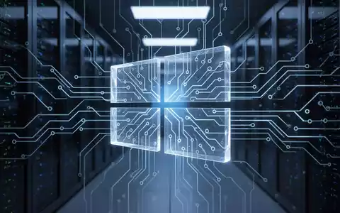 Leuchtendes neuronales Netz über transparentem Windows-Logo in futuristischem Serverraum, symbolisiert KI-gestützte Sicherheit. - Foto: über boerse-global.de