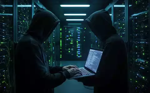 Eine Person im Kapuzenpulli tippt auf einem leuchtenden Laptop in einem dunklen Serverraum mit blauen und grünen Lichtern, Symbol für Cyberbedrohung. - Foto: über boerse-global.de