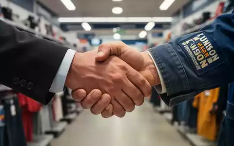 Zwei Hände, eine im Anzug und eine in Arbeitskleidung, in einem angespannten, unvollendeten Händedruck vor unscharfem Einzelhandels-Hintergrund. - Foto: über boerse-global.de