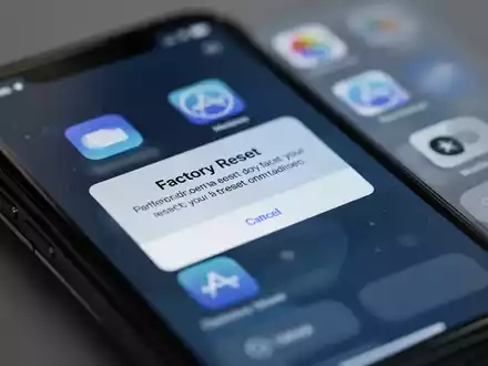 Smartphone-Bildschirm mit 'Reset iPhone'-Aufforderung, unscharfer Hintergrund, symbolisiert Datensicherheit und Geräteverwaltung. - Foto: über boerse-global.de