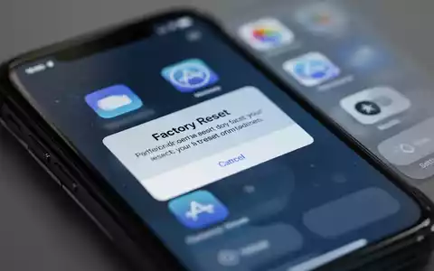 Smartphone-Bildschirm mit 'Reset iPhone'-Aufforderung, unscharfer Hintergrund, symbolisiert Datensicherheit und Geräteverwaltung. - Foto: über boerse-global.de