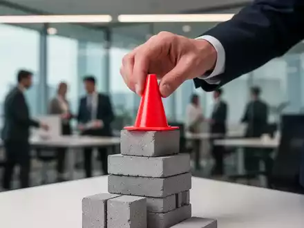 Eine Hand in einem dunklen Anzug platziert einen kleinen roten Sicherheitskegel auf einem Stapel grauer Bausteine in einem Büro. - Foto: über boerse-global.de
