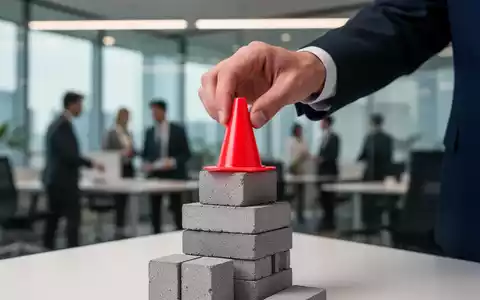 Eine Hand in einem dunklen Anzug platziert einen kleinen roten Sicherheitskegel auf einem Stapel grauer Bausteine in einem Büro. - Foto: über boerse-global.de