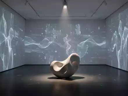 Eine minimalistische Kunstinstallation mit klaren Linien, subtilen digitalen Projektionen und einem abstrakten skulpturalen Element. - Foto: über boerse-global.de