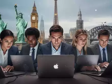 Vier Personen fokussiert auf Laptops, mit dezenten Hintergründen globaler Wahrzeichen wie Freiheitsstatue und Eiffelturm. - Foto: über boerse-global.de