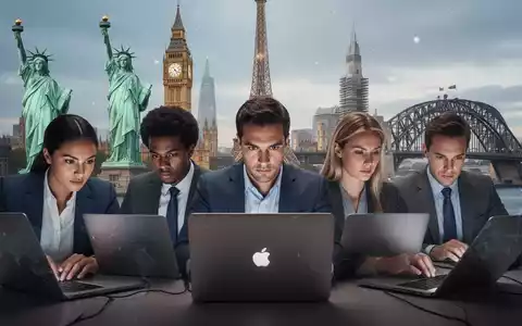 Vier Personen fokussiert auf Laptops, mit dezenten Hintergründen globaler Wahrzeichen wie Freiheitsstatue und Eiffelturm. - Foto: über boerse-global.de