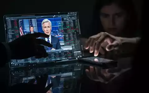 Eine Hand manipuliert ein Deepfake-Video eines Nachrichtensprechers auf einem Bildschirm, während im Hintergrund eine andere Hand ein Smartphone ergreift. - Foto: über boerse-global.de
