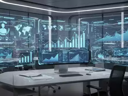 Ein futuristischer Arbeitsplatz mit holografischen Bildschirmen, die integrierte Finanz-, Personal- und Projektmanagementdaten anzeigen. - Foto: über boerse-global.de