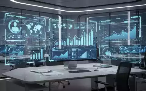 Ein futuristischer Arbeitsplatz mit holografischen Bildschirmen, die integrierte Finanz-, Personal- und Projektmanagementdaten anzeigen. - Foto: über boerse-global.de