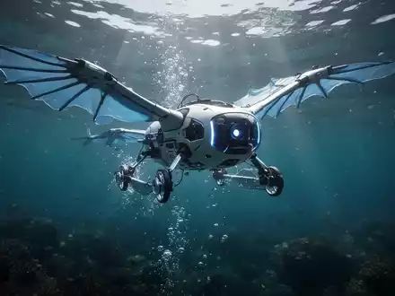 Schlanker, dunkler Roboter mit flexiblen Flügeln im Übergang zwischen Flug über Wasser und Eintauchen. - Foto: über boerse-global.de