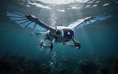 Schlanker, dunkler Roboter mit flexiblen Flügeln im Übergang zwischen Flug über Wasser und Eintauchen. - Foto: über boerse-global.de