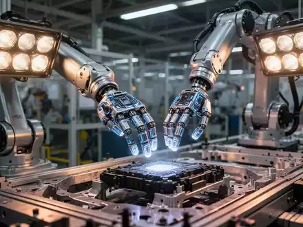 Ein humanoider Roboterarm an einer Automobilmontagelinie, der Präzision und fortschrittliche taktile Sensoren in einer modernen Fabrik demonstriert. - Foto: über boerse-global.de