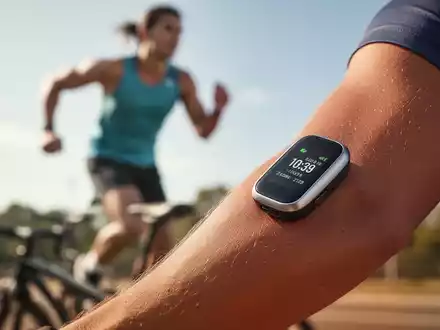 Nahaufnahme eines modernen Glukosemessgeräts am Arm einer Person, die im Hintergrund Sport treibt. - Foto: über boerse-global.de