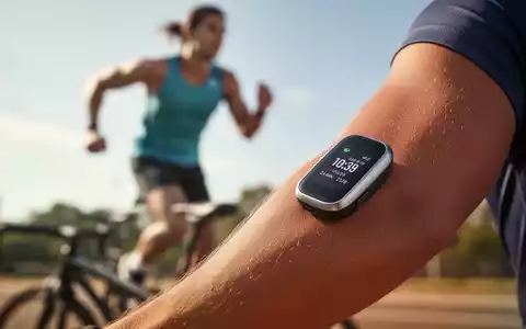 Nahaufnahme eines modernen Glukosemessgeräts am Arm einer Person, die im Hintergrund Sport treibt. - Foto: über boerse-global.de