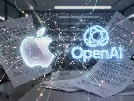 Zwei abstrakte, leuchtende Logos von Apple und OpenAI, verstrickt in ein Netzwerk aus Datenlinien und juristischen Dokumenten, die einen Rechtsstreit symbolisieren. - Foto: über boerse-global.de