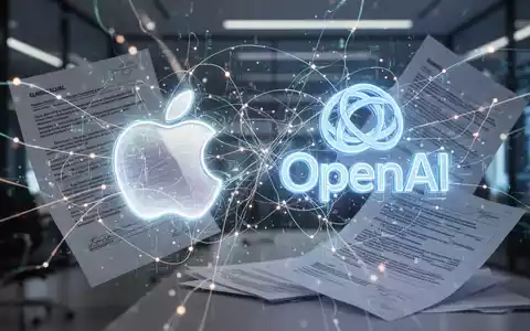 Zwei abstrakte, leuchtende Logos von Apple und OpenAI, verstrickt in ein Netzwerk aus Datenlinien und juristischen Dokumenten, die einen Rechtsstreit symbolisieren. - Foto: über boerse-global.de