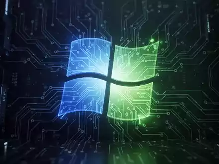 Stilisiertes Windows-Logo mit Leiterplattenmustern, blau-grün leuchtend auf dunklem Hintergrund. - Foto: über boerse-global.de